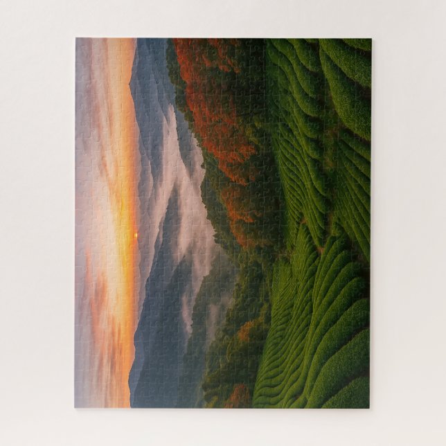 Sunrise over Mountain Tea Fields in Japan Puzzle (Vertikal)