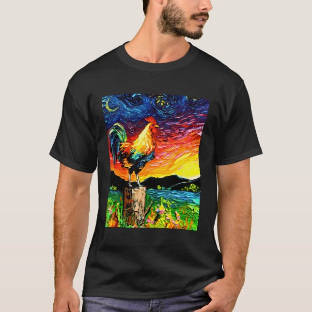 Sunrise Rooster Starry Night Farm Landschaft by Aj T-Shirt (Vorderseite)