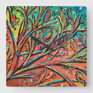 Sunrise Treetop Birds II Quadratische Wanduhr