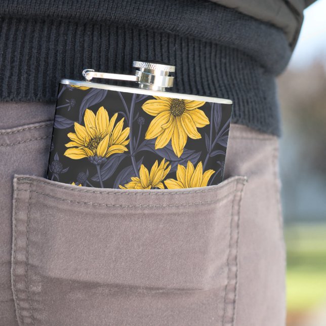 Sunroot, wilde Sonnenblumen in Gelb und Blau Flachmann (Beispiel)