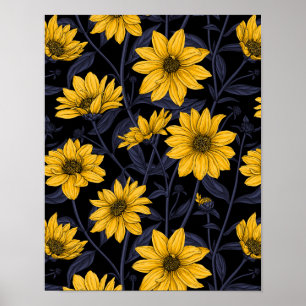 Sunroot, wilde Sonnenblumen in Gelb und Blau Poster