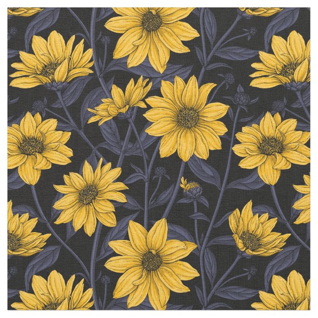 Sunroot, wilde Sonnenblumen in Gelb und Blau Stoff (Nahaufnahme)