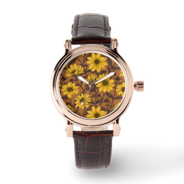 Sunroot, wilde Sonnenblumen in Gelb und Braun Armbanduhr (Vorderseite)