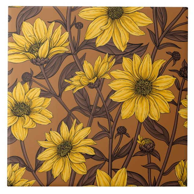 Sunroot, wilde Sonnenblumen in Gelb und Braun Fliese (Vorderseite)