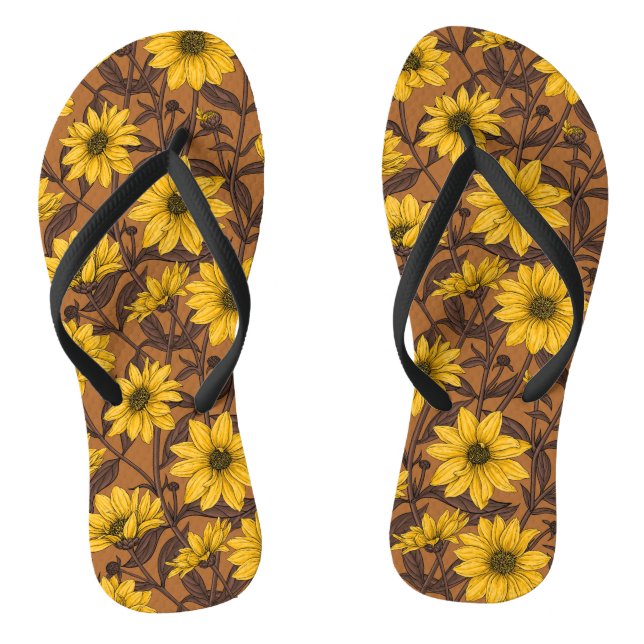 Sunroot, wilde Sonnenblumen in Gelb und Braun Flip Flops (Fußbett)
