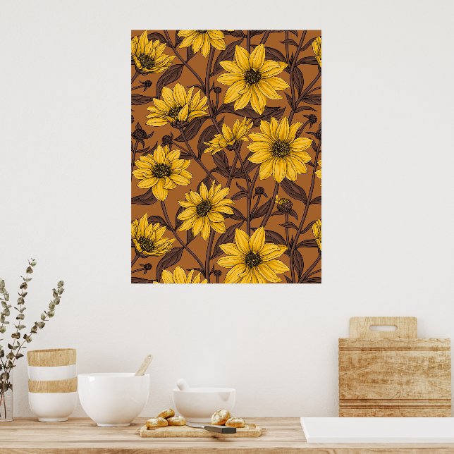 Sunroot, wilde Sonnenblumen in Gelb und Braun Poster (Küche)