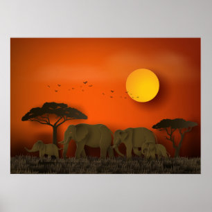 Sunset African Savanna Elephans Poster