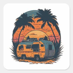 Sunset Beach Caravan Quadratischer Aufkleber