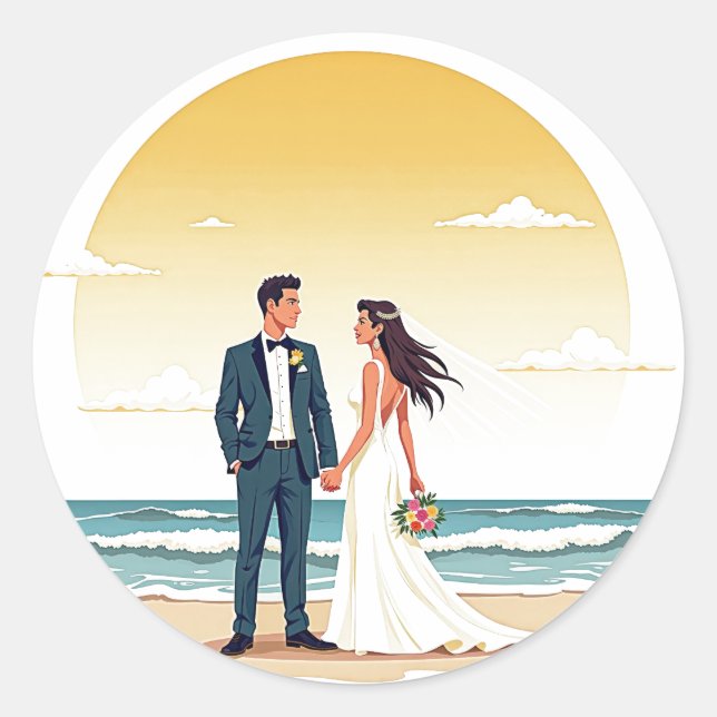 Sunset Beach Hochzeitsticker Runder Aufkleber (Vorderseite)