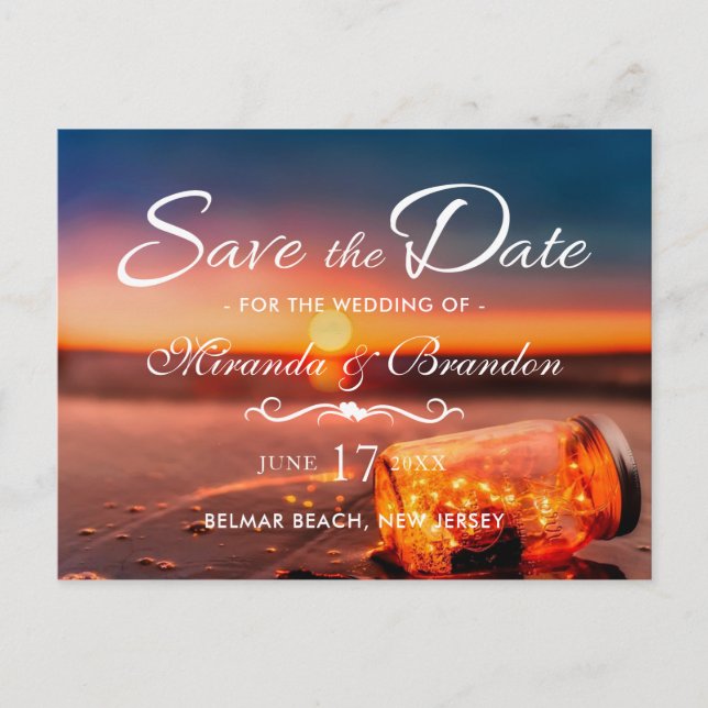 Sunset Beach Mason Jar Blue Night Save the Date Ankündigungspostkarte (Vorderseite)