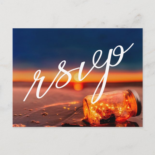 Sunset Beach Mason Jar Blue Night Wedding RSVP Ankündigungspostkarte (Vorderseite)