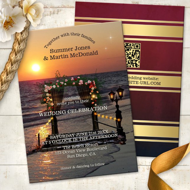 Sunset Beach Rose Arbor Wedding Invitation Einladung (Beach or destination wedding invitation featuring a sunset at sea with a festive rose arbor)