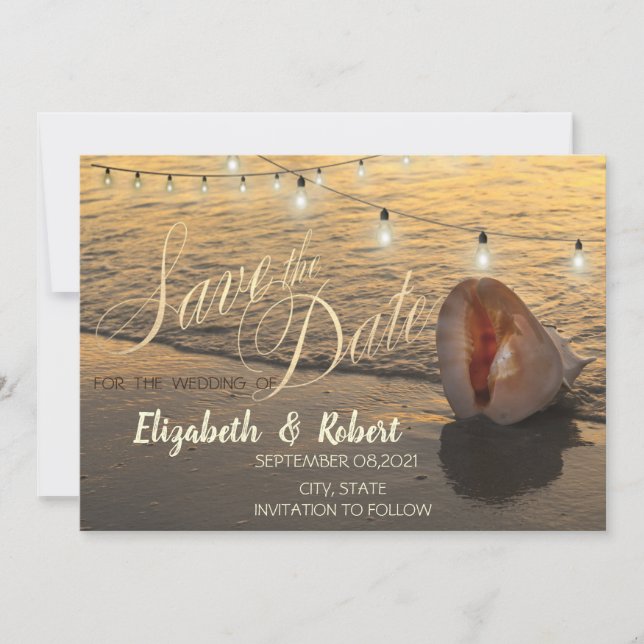 Sunset Beach Seashell String Light Save the Date (Vorderseite)