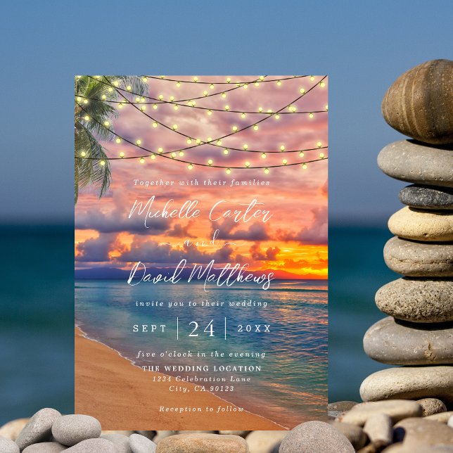 Sunset Beach String Lights Hochzeitseinladung Save The Date (Von Creator hochgeladen)
