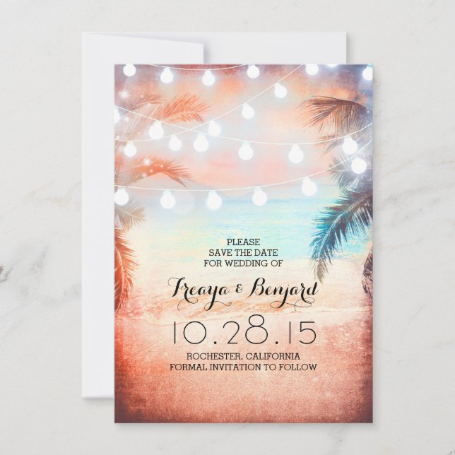 Sunset Beach & String Lights Save the Date (Vorderseite)