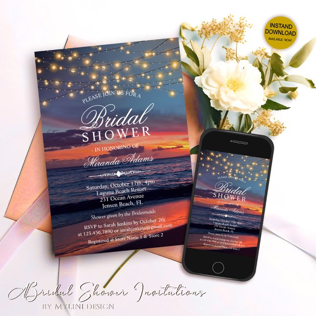 Sunset Beach String Lights Summer Brautparty Einladung (Von Creator hochgeladen)