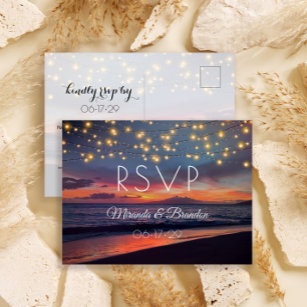 Sunset Beach String Lights Summer Wedding RSVP Postkarte