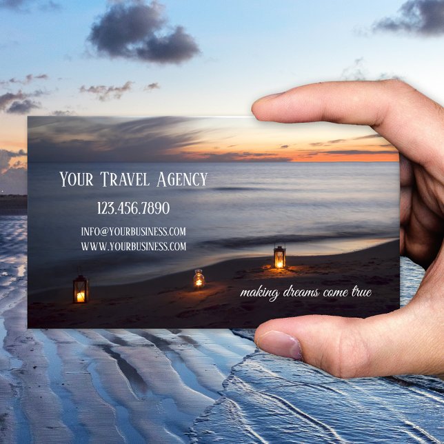 Sunset Beach Travel Business Card Visitenkarte (Peaceful and romantic business card featuring lights on the beach at sunset - travel - peace )