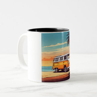 Sunset Beach Van Mug - Vintage Kombi at Dusk Zweifarbige Tasse