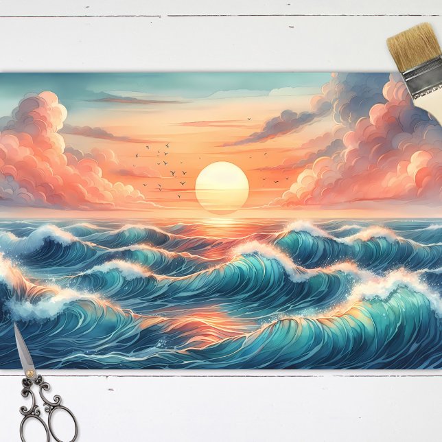 Sunset Beach Waves Wasserfarbendekoupage Seidenpapier (Von Creator hochgeladen)