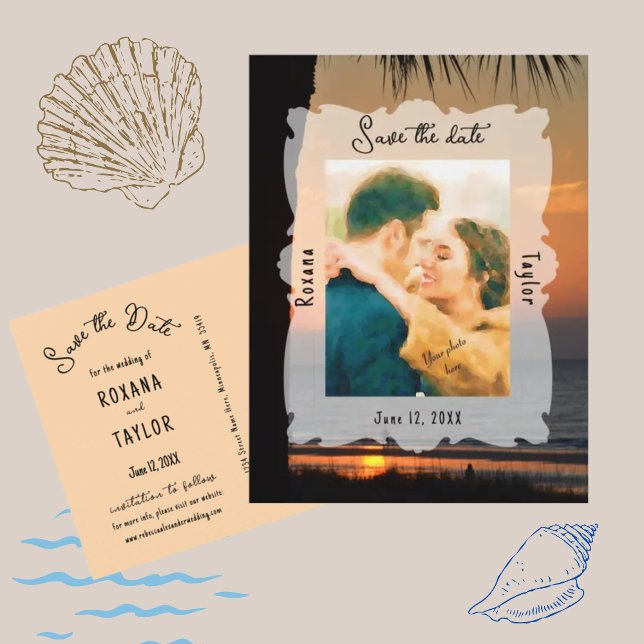 Sunset Beach Wedding Foto Save the Date Postkarte (Von Creator hochgeladen)