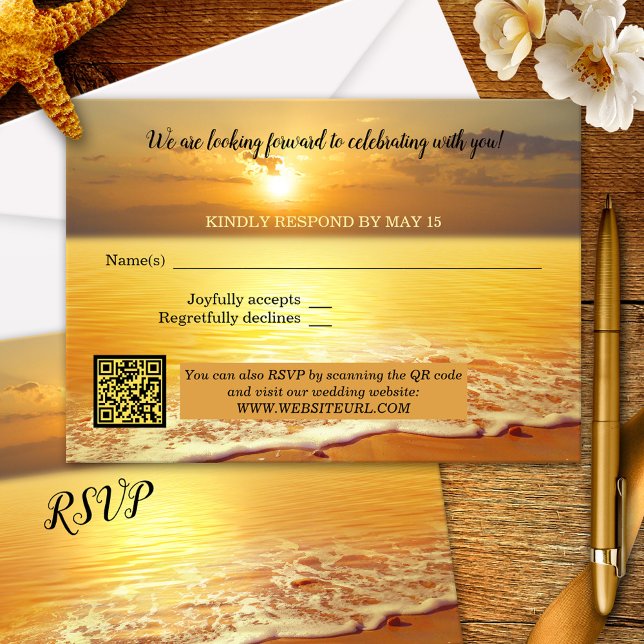 Sunset Beach Wedding RSVP Card (RSVP card featuring a painting of the beach at sunset in warm yellow orange colors - with QR code )
