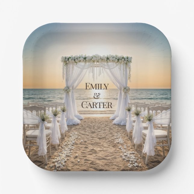 Sunset Beach Wedding With Bridal Arch Pappteller (Vorderseite)