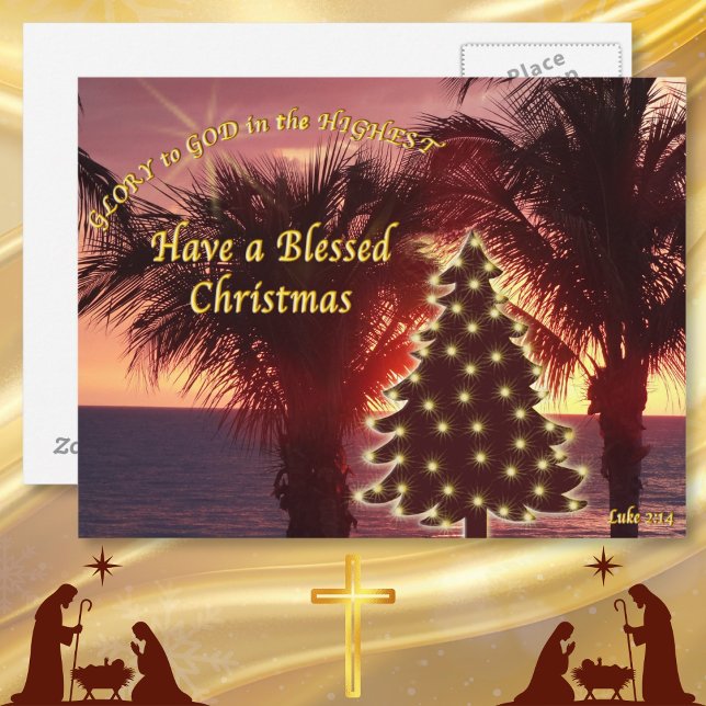 Sunset Beach Weihnachtskarten Christlich Feiertagspostkarte (Religious Christmas postcards. Cheap Christian Christmas postcards. Glory to God in the Highest.)