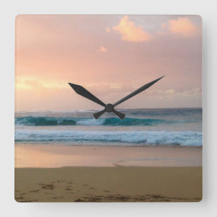 Sunset Beach with ocean Quadratische Wanduhr