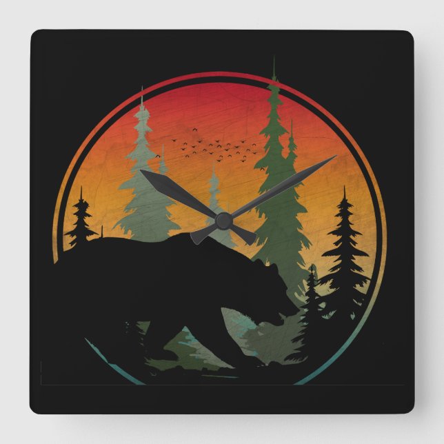Sunset Bear Nature Forest Animal Quadratische Wanduhr (Vorderseite)
