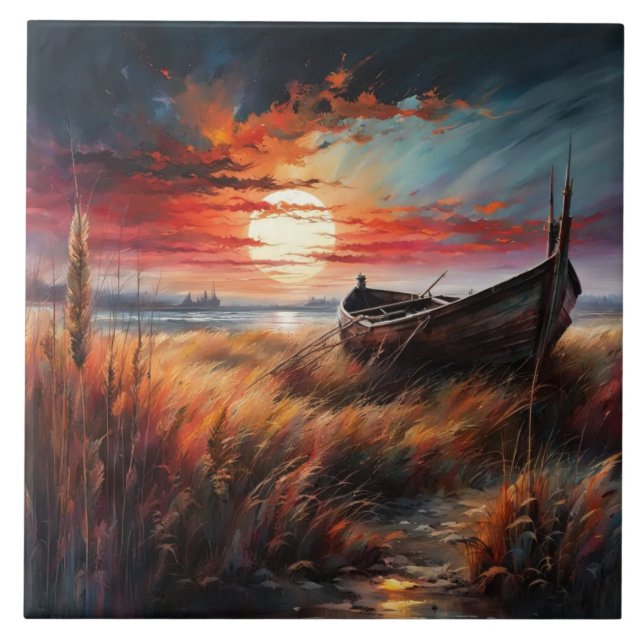 Sunset boat art serene landscape by the sea fliese (Vorderseite)