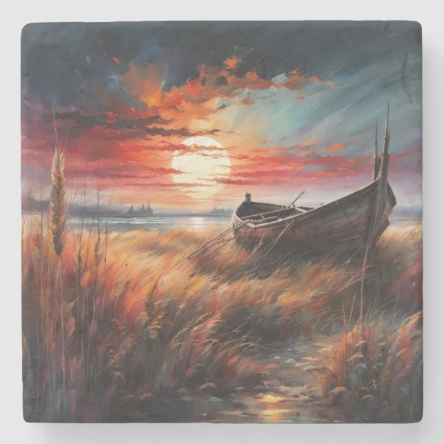 Sunset boat art serene landscape by the sea steinuntersetzer (Vorderseite)