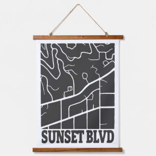 Sunset Boulevard - Dark Minimal Street Karte Art Wandteppich Mit Holzrahmen