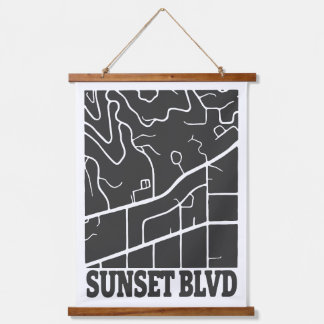 Sunset Boulevard - Dark Minimal Street Karte Art Wandteppich Mit Holzrahmen