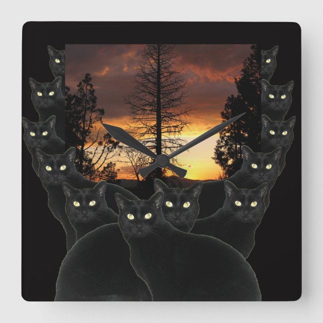 Sunset Cats Quadratische Wanduhr (Vorderseite)