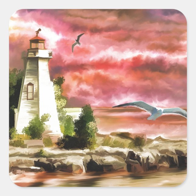 Sunset Coastal Lighthouse Quadratischer Aufkleber (Vorderseite)