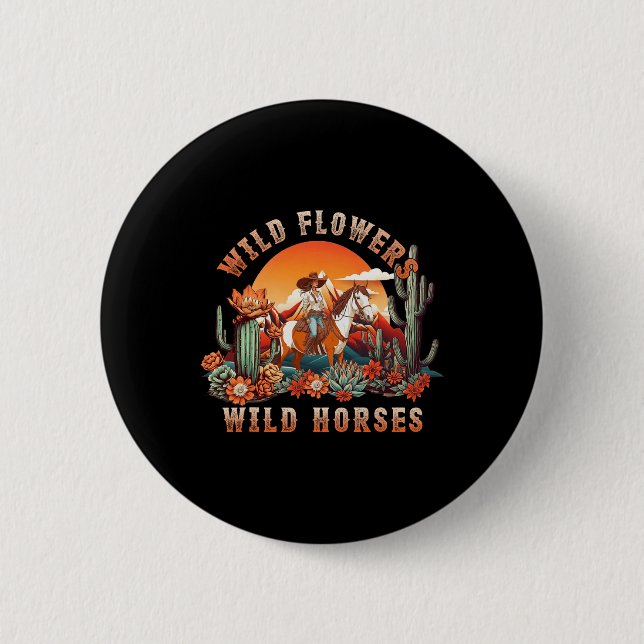 Sunset Cowgirl Riding Horse Wilde Blume - Wild Ho Button (Vorderseite)