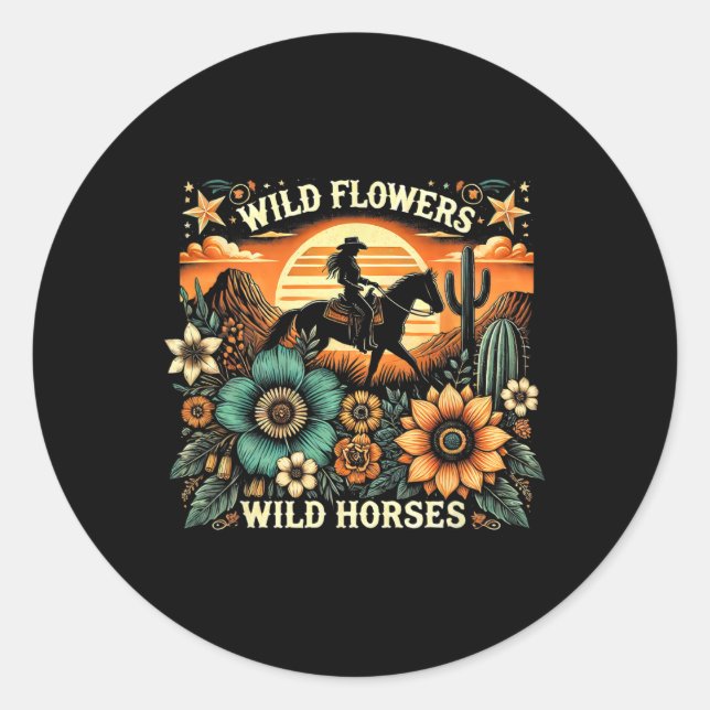 Sunset Cowgirl Riding Horse Wilde Blume - Wild Ho Runder Aufkleber (Vorderseite)