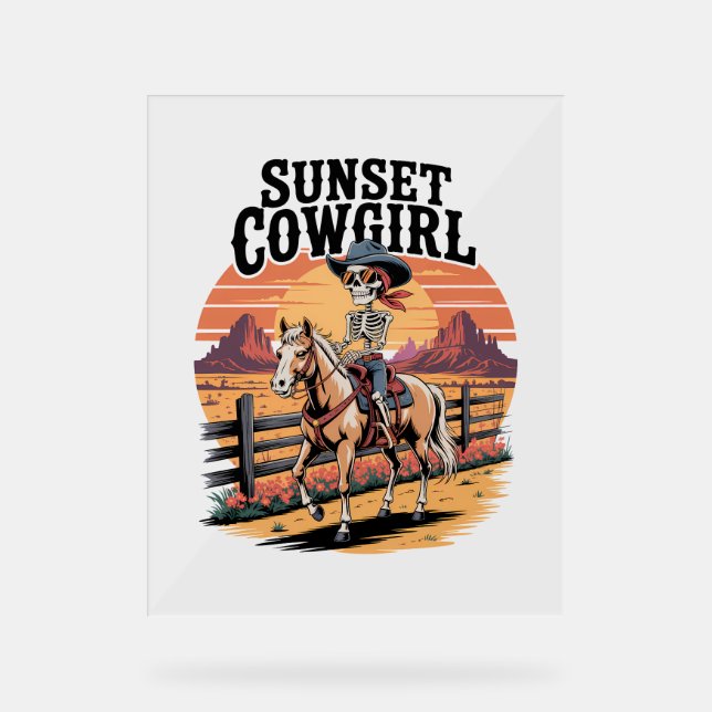Sunset Cowgirl Skeleton Reiten Acrylschild (Vorderseite)