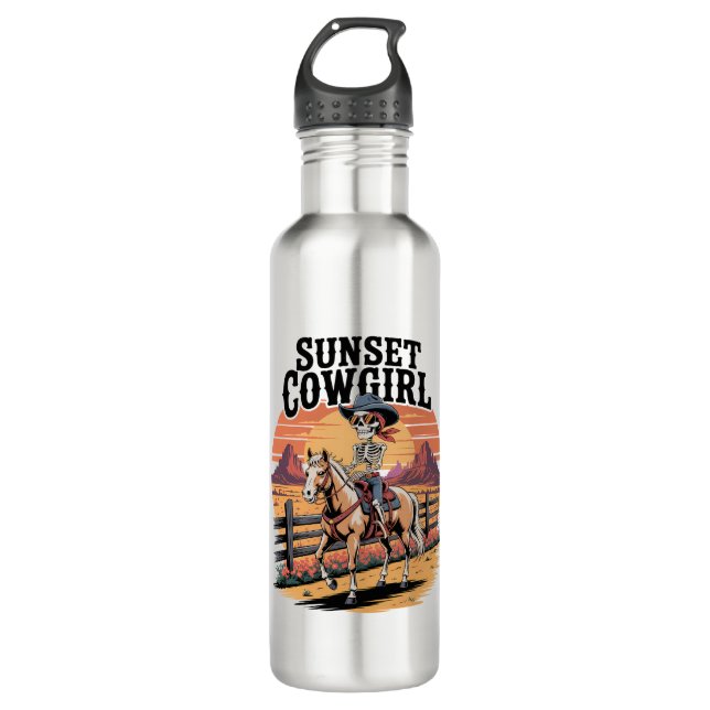 Sunset Cowgirl Skeleton Reiten Edelstahlflasche (Vorderseite)