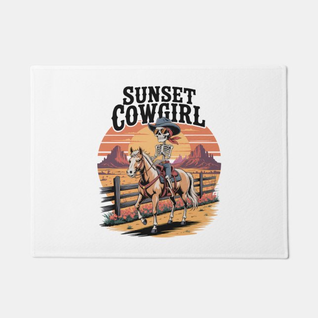 Sunset Cowgirl Skeleton Reiten Fußmatte (Vorderseite)