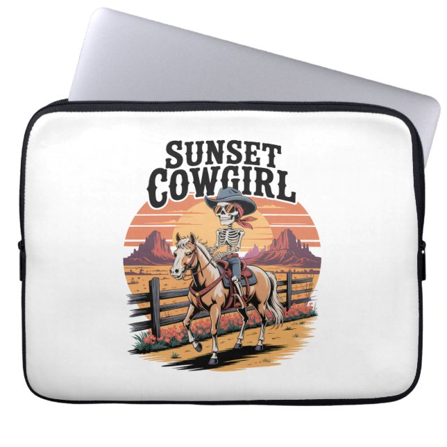 Sunset Cowgirl Skeleton Reiten Laptopschutzhülle (Vorderseite)