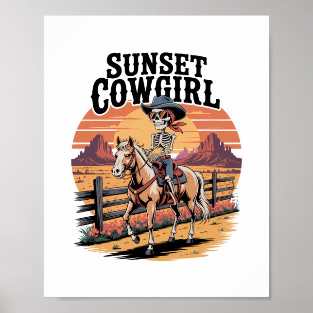 Sunset Cowgirl Skeleton Reiten Poster (Vorne)