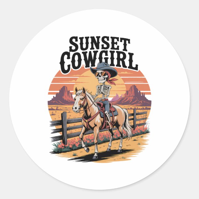Sunset Cowgirl Skeleton Reiten Runder Aufkleber (Vorderseite)
