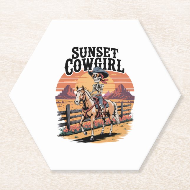 Sunset Cowgirl Skeleton Reiten Untersetzer (Vorderseite)