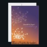 Sunset Dandelions Floral Wedding Einladung<br><div class="desc">Poetische Illustration glitzernder Lüster im Sonnenuntergangsfeld (Orange & lila Farbkombination) auf individuellen formalen Einladungen für Hochzeiten. Personalisieren Sie die Einladungskarten mit Ihrem eigenen Text für eine WHIMSICAL TWILIGHT WEDD. | ROMANTISCHER ABEND GARDEN WEDDING oder ORANGE & LILA FARBSCHEMA WEDE! ((Sie finden die passenden Hochzeitsessentials & Favoriten in diesem Laden, Bridal...</div>