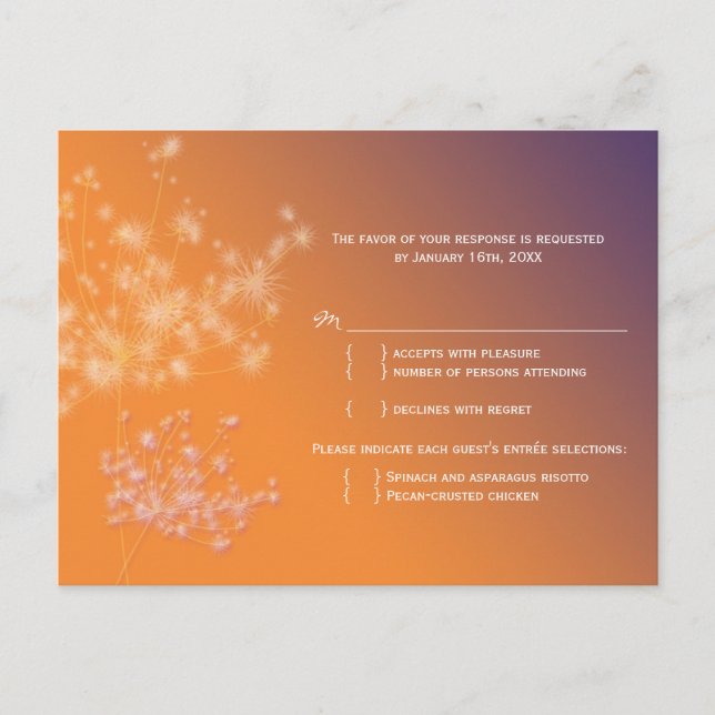 Sunset Dandelions Wedding Menu Choice RSVP Einladungspostkarte (Vorderseite)