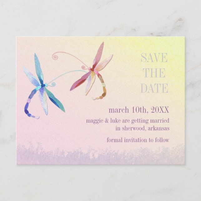 Sunset Dragonfly Couple Wedding Save the Date Ankündigungspostkarte (Vorderseite)
