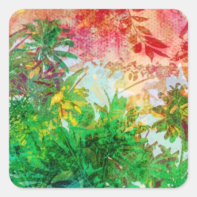 Sunset Dschungel Tropical Palm Blätter Quadratischer Aufkleber (Vorderseite)