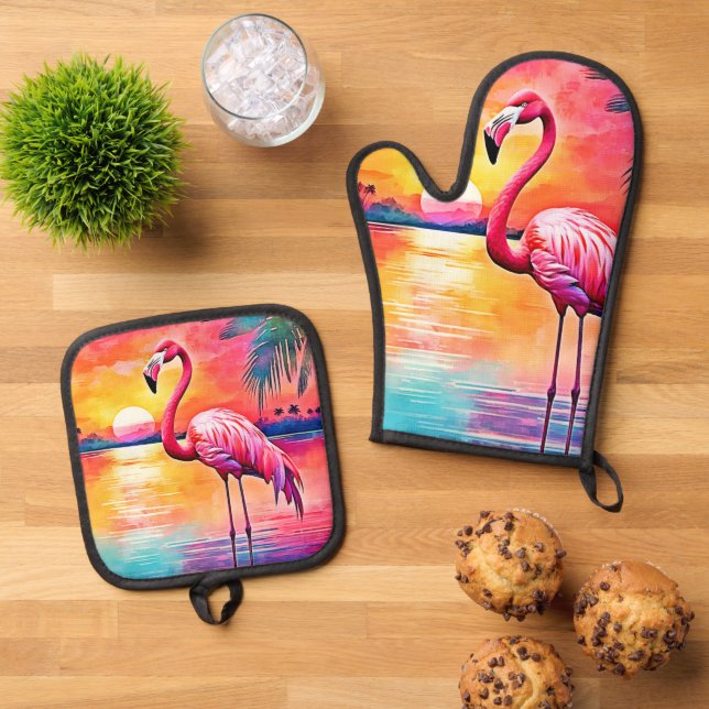 Sunset Flamingo Art Design Ofenhandschuh & Topflappen-Set (Oben Unten)